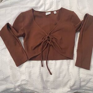 Brown Ruched Crop Long Sleeve Top